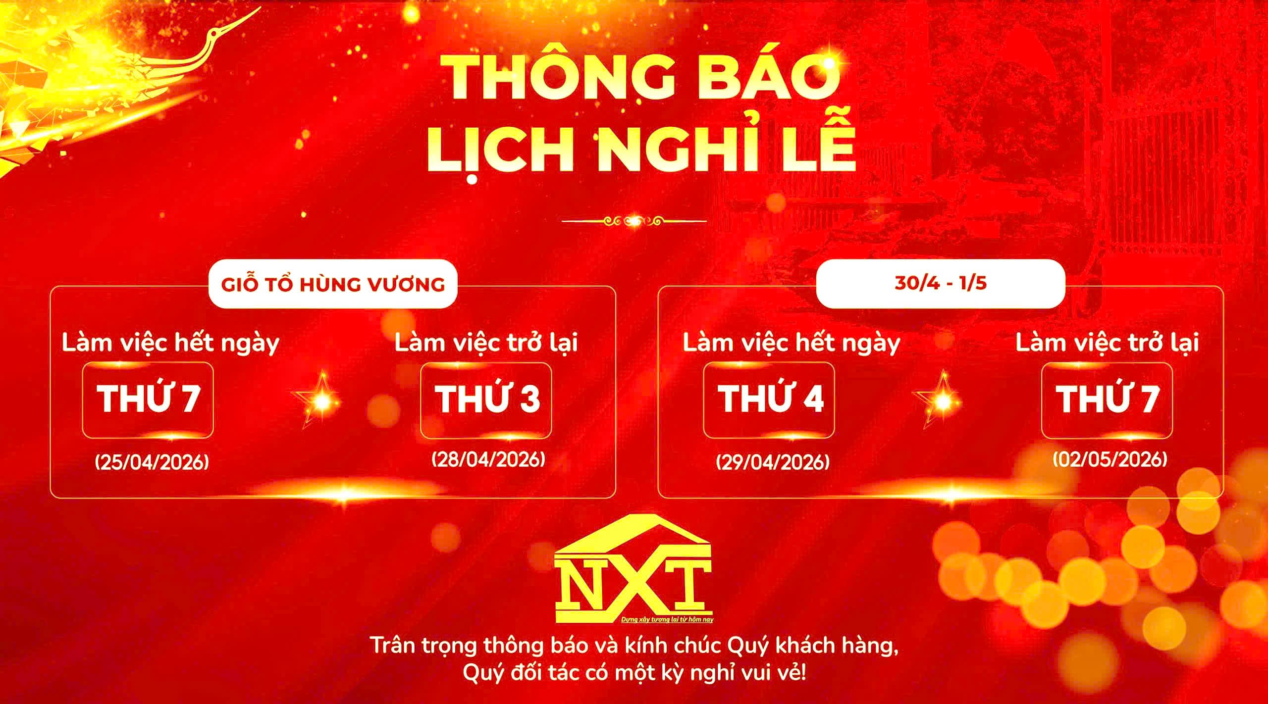 NGHĨ LỄ GIỔ TỔ HÙNG VƯƠNG VÀ NGÀY 30/04/2026
